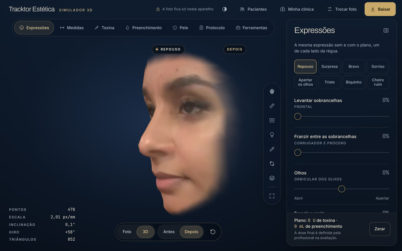 Rosto mapeado em 3D com a malha dourada